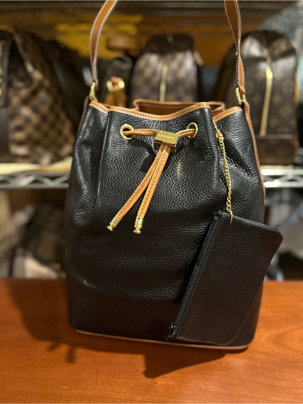 CelineBlack Leather Drawstring Bucket Bag with Tan Trim authentic excellent